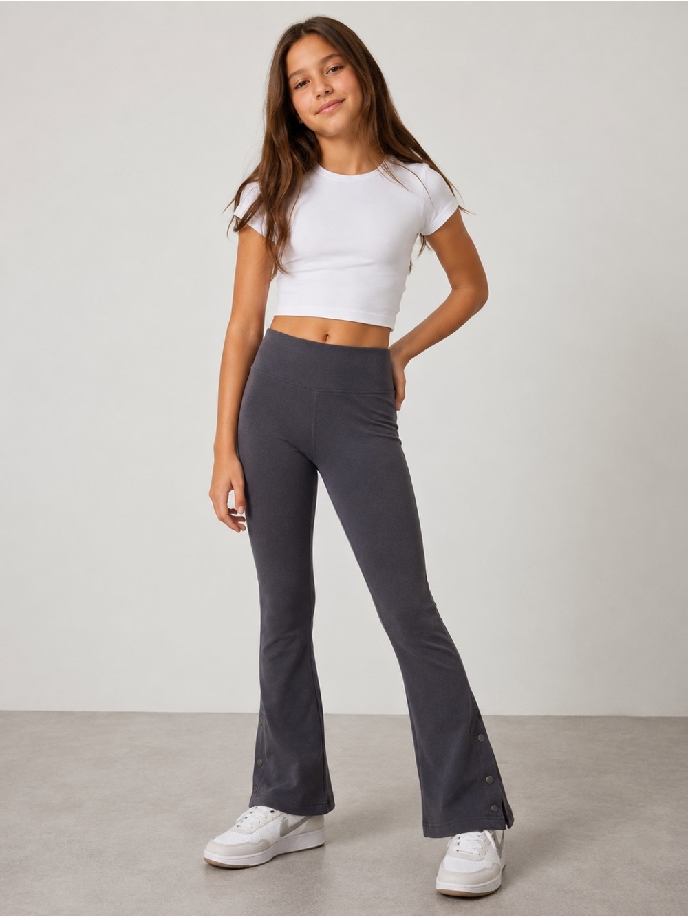 Zara Girls Flare Leggings Size 11/12 Gray Purple Snap Hem Y2K